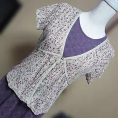 リバティ　小花柄 半袖カットソーカーディガン Vネック　グリーン✕パープル