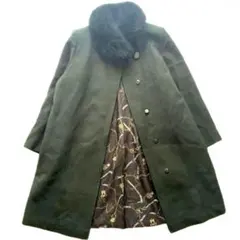 ロングコート　カシミヤ混　スカーフ柄　ファー付き　ダークグリーン　9号　M