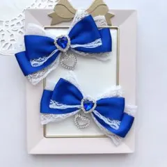 【推し活】ブルー 青色 白レース ハートビジュー付き ヘアクリップ 2個セット
