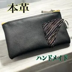 ⑦本革　手作り　小銭入れ　小銭ケース　小物入れ　小物ケース　クラフト　黒　黄
