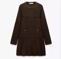 ZARA ショート丈ニットプリーツワンピース　ダークブラウン