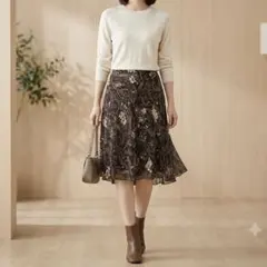 美品コムサイズム ペイズリー柄 シフォン フレアスカート Mサイズ ブラウン系のサムネイル