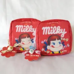 不二家　ミルキースクエアポーチ　チャーム付き　ペコちゃん　TAITO［全2種］