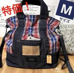 デニムリメイク タータンチェック 青赤 巾着 ショルダーバッグ★ハンドメイド M