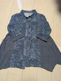 デニム風レース柄ドッキング ボタン付き五分袖シャツチュニック