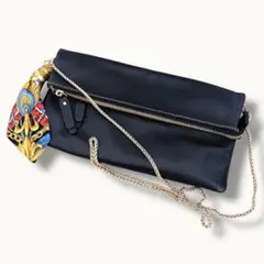 クラッチバッグ　ショルダーバッグ　チェーン　シルク　本革　黒　2way