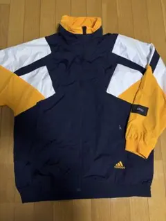 adidas フード付 ナイロンジャケット ネイビー/オレンジ　XL