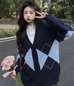 SHEIN アーガイル 格子縞 ドロップショルダー オーバーサイズ カーディガン