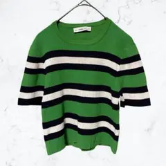 13982 ザラ マルチボーダー サマーニット トップス 半袖 グリーン 緑 M