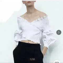 ZARA/ザラ】オフショルダークロップドシャーリング七分袖ブラウス 白 シャツのサムネイル