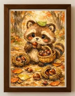 【水彩画アート】木漏れ日のくりひろいタヌキ　2L版写真用紙