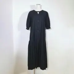 レクタングル　ティアードシャツワンピース　ロング　パフスリーブ　黒　インド製　Lのサムネイル