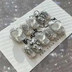 【No.494】現品販売 ネイルチップ シルバー ハート リボン