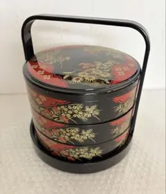 3段重箱 黒赤花柄　丸型三段重 手提げ型 重箱 おせち昭和 レトロ