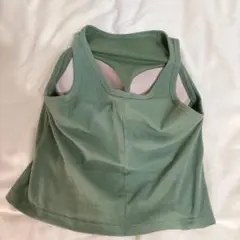 グリーン リブ編み クロップドタンクトップ カップ付き