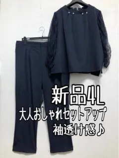 新品☆4L♪紺系♪パール調ネックブラウス＆パンツセットアップ♪結婚式☆r661