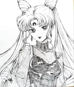 ブラックレディ 手描き アナログ モノクロ イラスト ファンアート 色紙