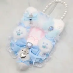 水色リボン ふわふわ猫 硬質カードケース レースデコ B8 縦入れ