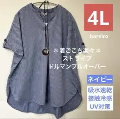 ■新品4L■レディース大きいサイズ ストライプ肩ボタンドルマンプルオーバー 中紺のサムネイル