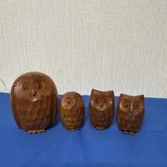 縁起の良い　フクロウの木製置物 4個セット