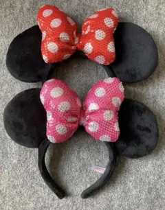 ディズニー　カチューシャ　スパンコール　リボン　赤　ピンク　ミニー　水玉　　ペア