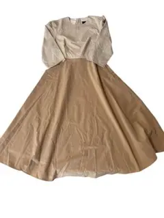 上品バイカラーフレアワンピース リボン付き ベージュ 七分袖 フォーマル