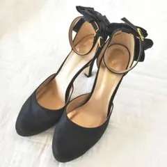 ルタロン　パンプス　結婚式　パーティー　黒　リボン　ラメ　24.5cm