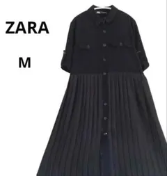 【美品】ザラ　シャツワンピース　ロング　半袖　プリーツ　Aライン　フレア　黒　M