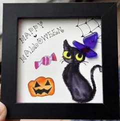 ハロウィンの黒猫魔女さん˖ ࣪⭑シーグラスアート×水彩画(フレーム付き)