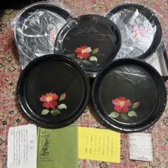 ①一閑張　山中漆器 5枚セット 丸型　椿の花
