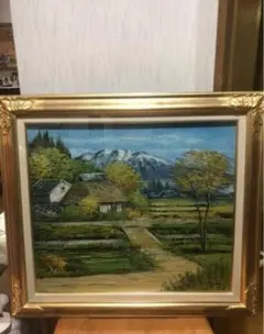 半澤満 作品油絵 アルプス望む 山の風景 開放感あり ダークブラウン