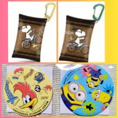 スヌーピーのマルチケース２個と缶バッジ２個(ウッドペッカー・ミニオン)のセット