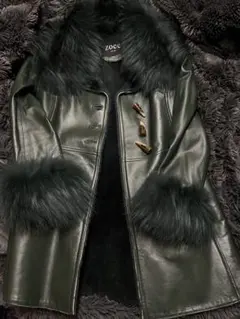 フォックスファー ピッグスキン ダークグリーン 毛皮 コート リアルファー