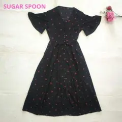 SUGAR SPOON【F】黒 花柄 バラ柄 Aライン 半袖 ロング ワンピース