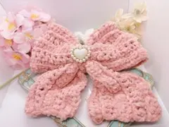ハンドメイドヘアシュシュ毛糸リボンニットピンクハートかわいいかぎ編みかぎ針編み