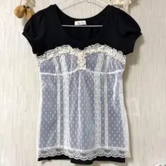 リボンレースフリルTシャツブラックホワイト可愛い清楚系ガーリー量産型姫系お嬢様のサムネイル