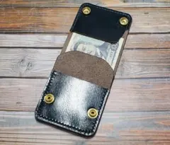 スマートトラッカーウォレット　タンニン鞣し　ブラック　茶芯　馬革手縫い スマートトラッカーウォレット タンニン鞣し ブラック 茶芯 馬革手縫い