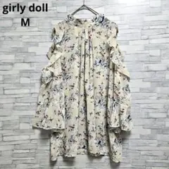 girly doll 花柄 フリルブラウス 肩あき　五分袖 透け感　Mのサムネイル