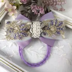 インド刺繍リボンとグログランリボン 2重ゴムのヘアゴム パープル×ホワイト