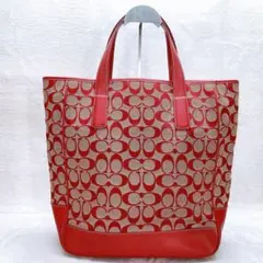 【美品】COACH コーチ トートバッグ シグネチャー 大容量 キャンバス 赤