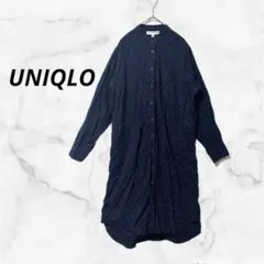 【ユニクロ】長袖シャツワンピース ネイビー 花柄 ゆったり 綿100%（L）