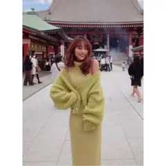 eimy ブークレニットカーディガンセットリブワンピース　グリーン