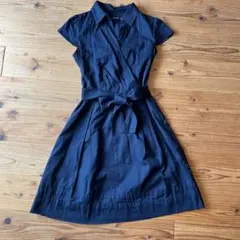 ネイビー カシュクールフレンチスリーブシャツワンピース
