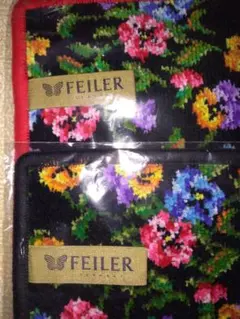 新品☆フェイラーFEILER シェニール織りタオルハンカチ花柄2枚　黒赤ハンカチ
