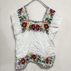 花柄 トップス スクエアネック フレンチスリーブ L 白 赤