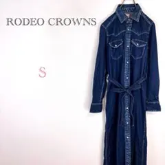 ◆ロデオクラウンズ【S】デニムワンピース ロングワンピース ウエストリボン付き