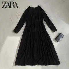 美品✾ZARA ザラティアードロングワンピース ギャザー マキシ丈 Aライン 黒