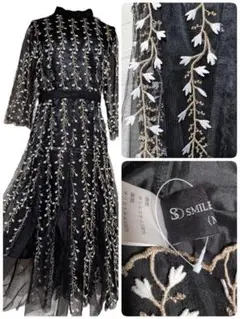 匿名配送　立体白花装飾付刺繍　黒チュール　レディースロングＡラインワンピ　ドレス
