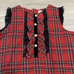 赤いチェック柄 フリル付き ワンピース　/ 110 /HUSHUSH