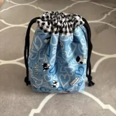 No.830 仕切り付き巾着袋　 フレンチブルドッグ柄 格子柄　 ポーチ